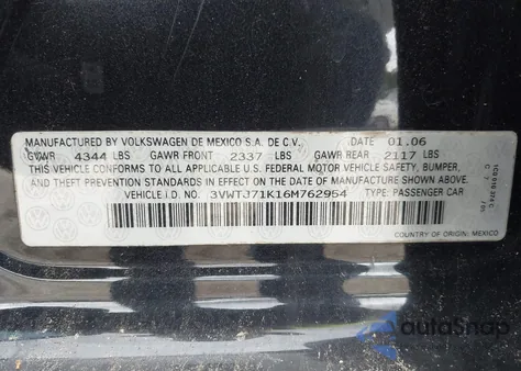 2006 Volkswagen Jetta Gli из США, поврежденный, VIN 3VWTJ71K16M762954